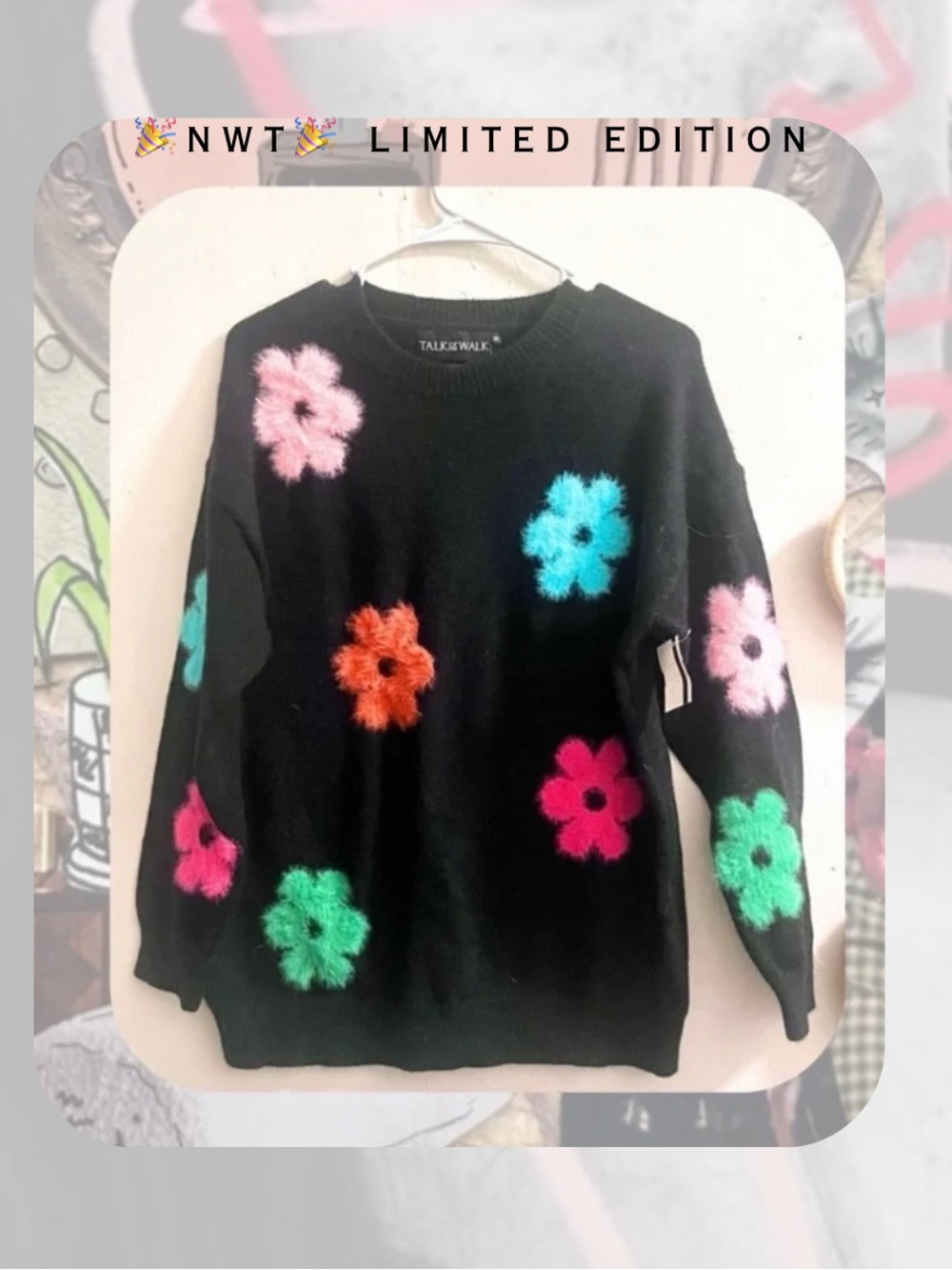 ππ navy blue sweater with multicolor shaggy flowers print